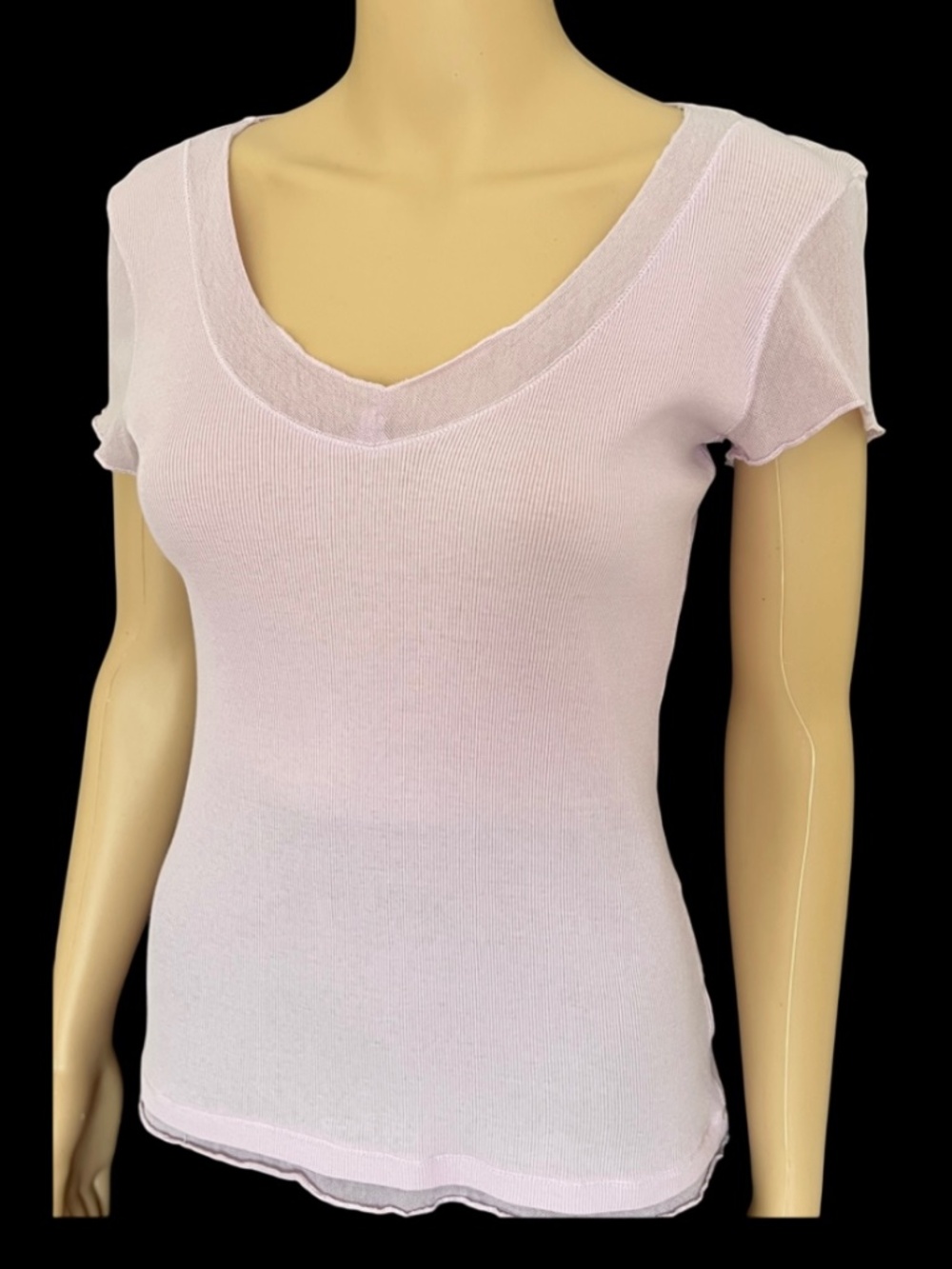 Emozioni Lavender V Neck Cotton Top Mesh Short Sleeves Size S